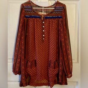 Free People Brick/Brown LS Semi-Sheer flowy tunic/dress